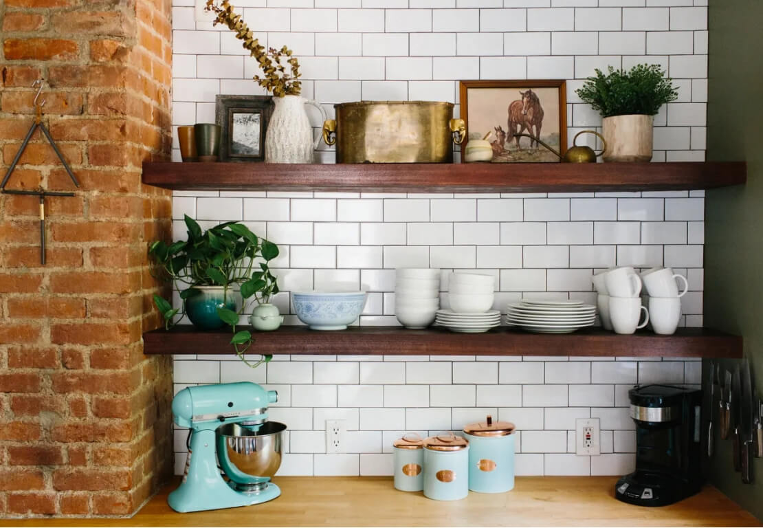 Farmhouse style kitchen shelves with subway tile