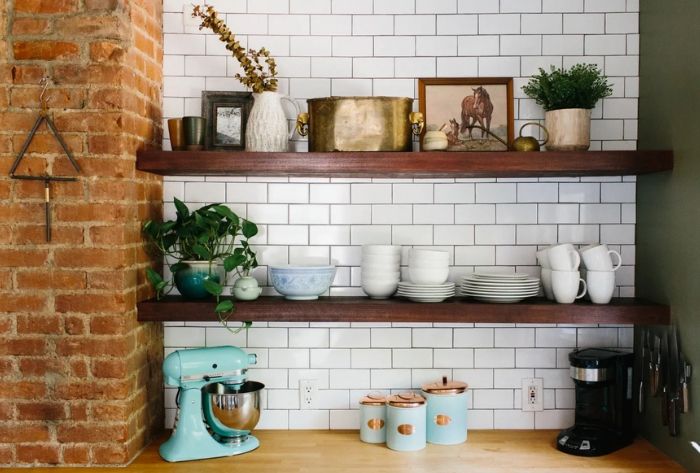 farmhouse style kitchen shelves with subway tile